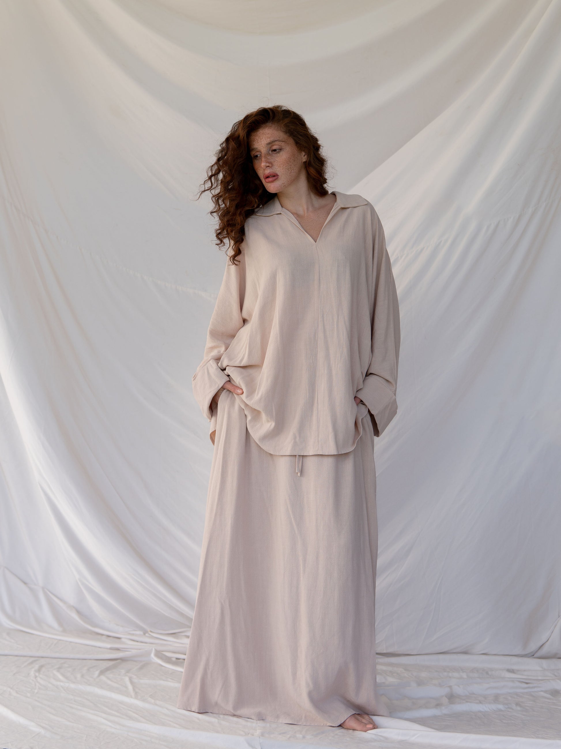Ensemble en Lin Élégance d’Été-Haut Col Chemise & Jupe Fluide