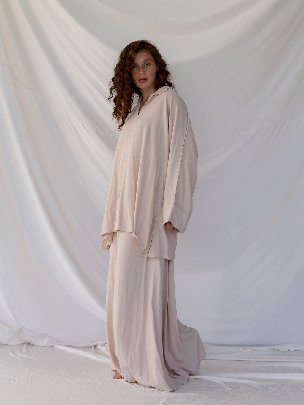 Ensemble en Lin Élégance d’Été-Haut Col Chemise & Jupe Fluide